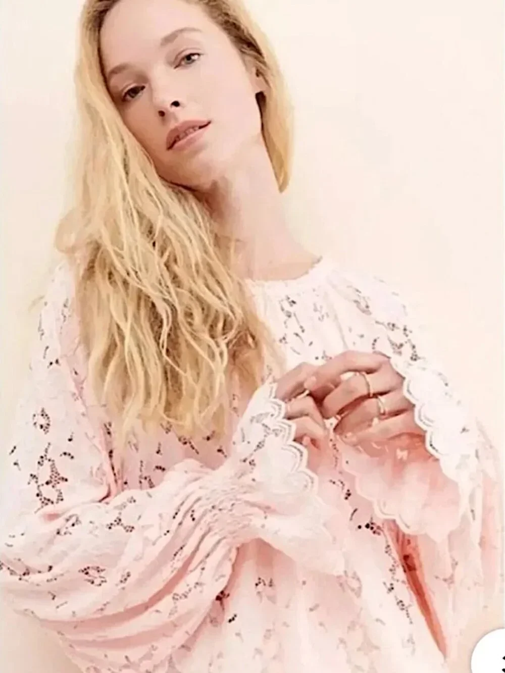 FREE PEOPLE Olivia Lace Top w/Dolman Balloon Poet Sleeves Pink Blush